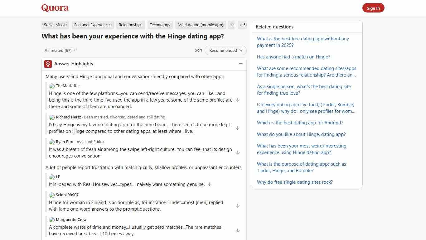 What has been your experience with the Hinge dating app? - Quora